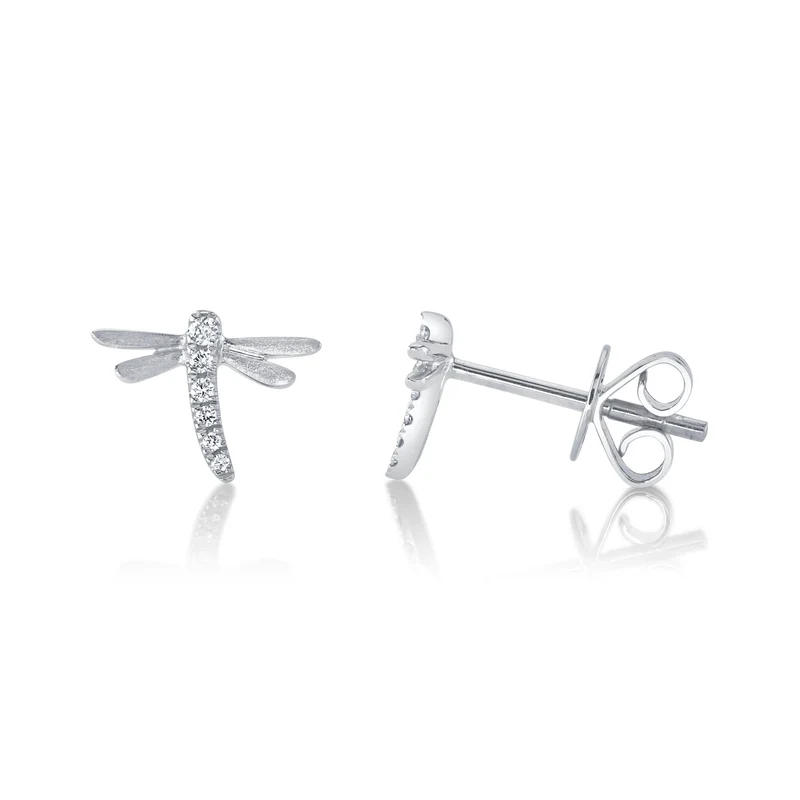 14K White Gold Matte Diamond Dragonfly Stud Earrings
