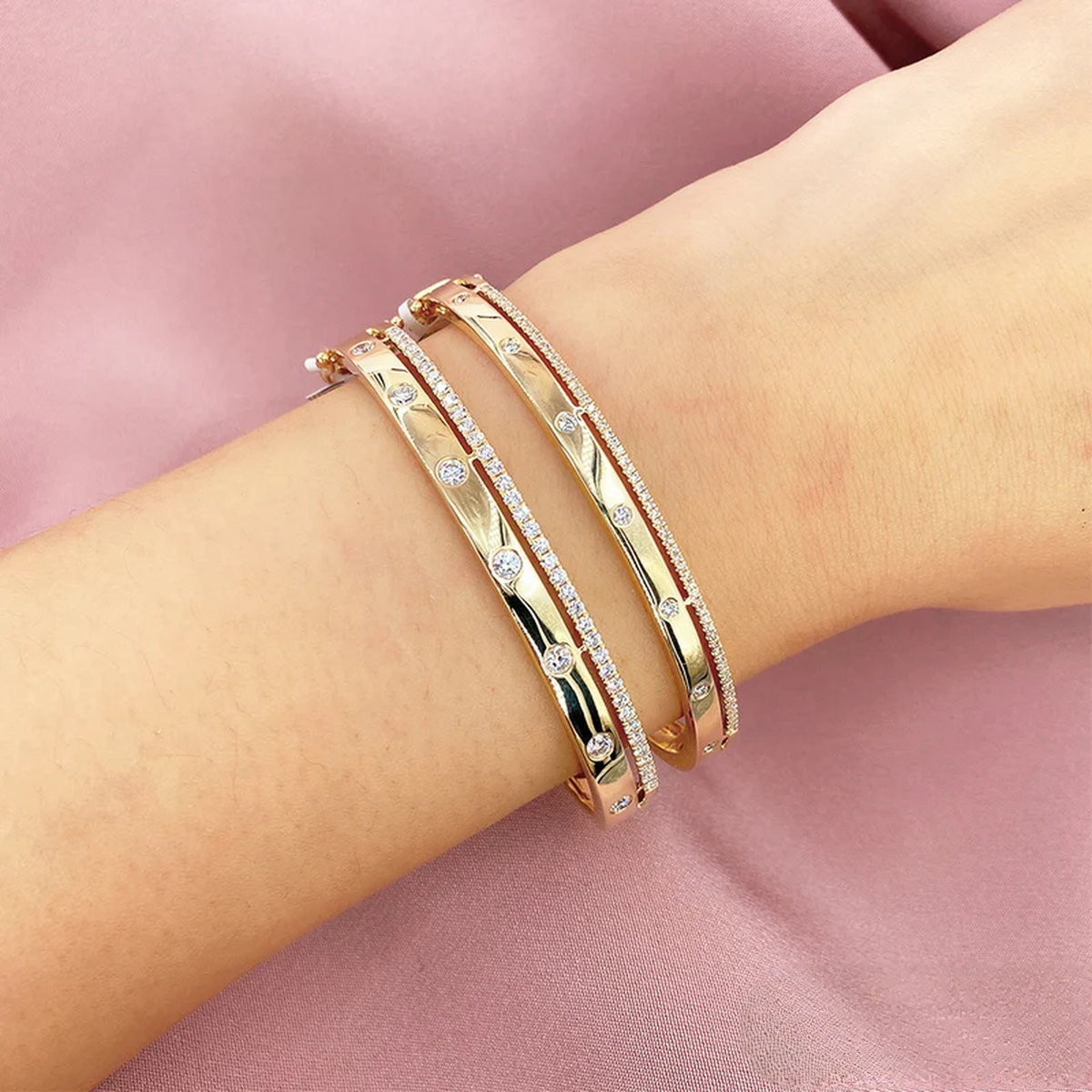 14K Gold Diamond Double Row Bangle Bracelet Worn on Wrist