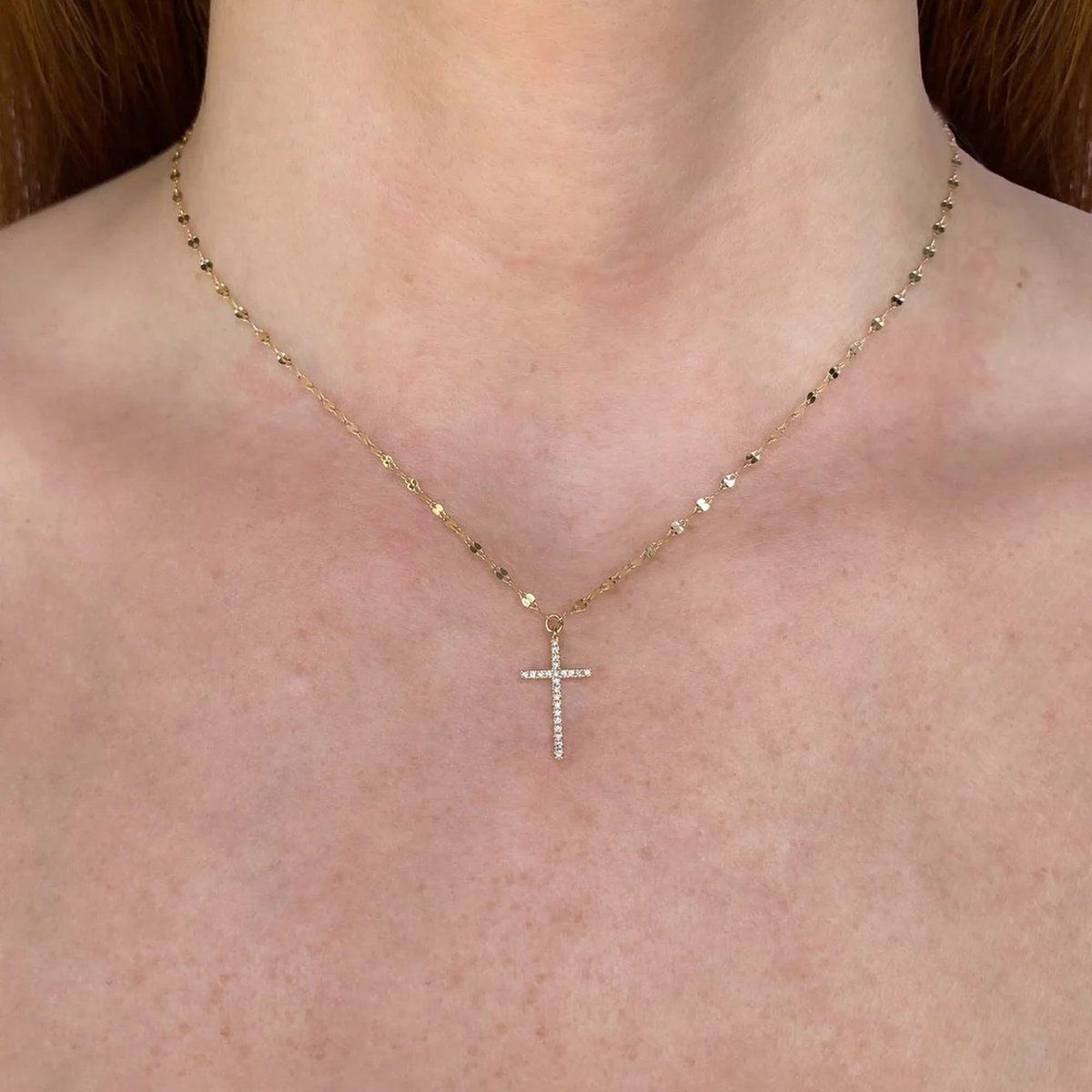 14K Gold Diamond Sparkle Cross Necklace Worn on Neck