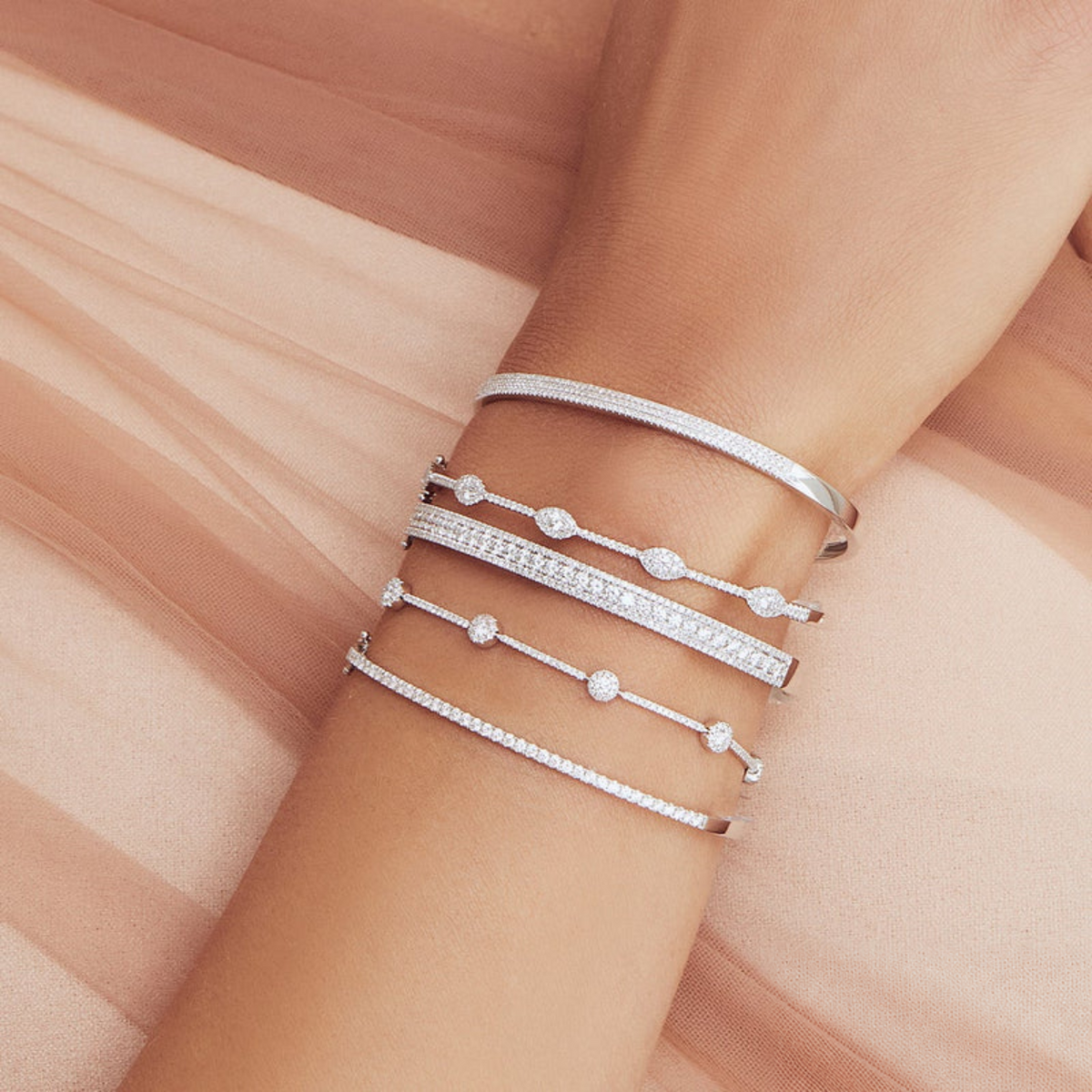 14K Gold Diamond Tennis Bangle Bracelet Worn on Wrist
