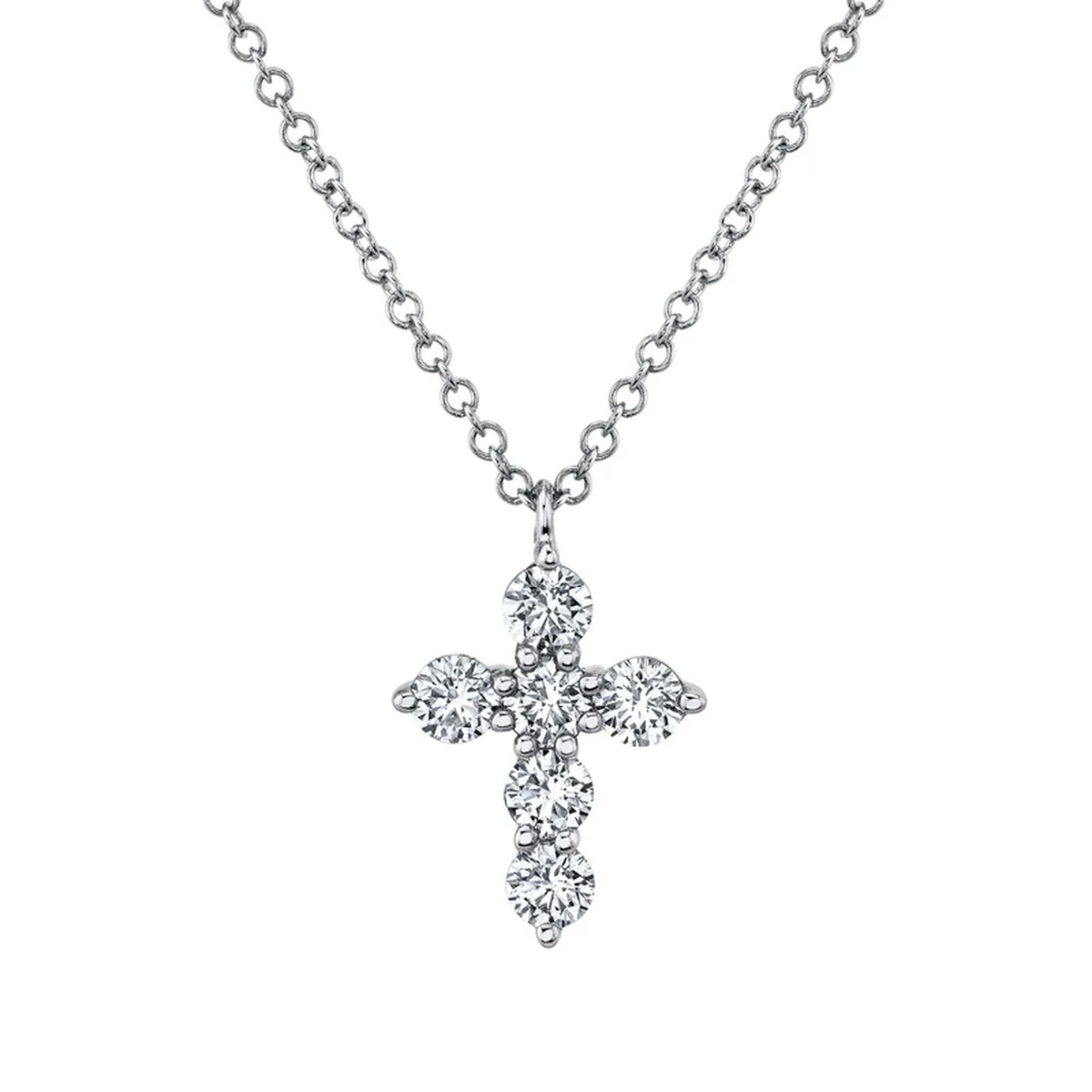 14K White Gold Six Stone Diamond Cross Necklace