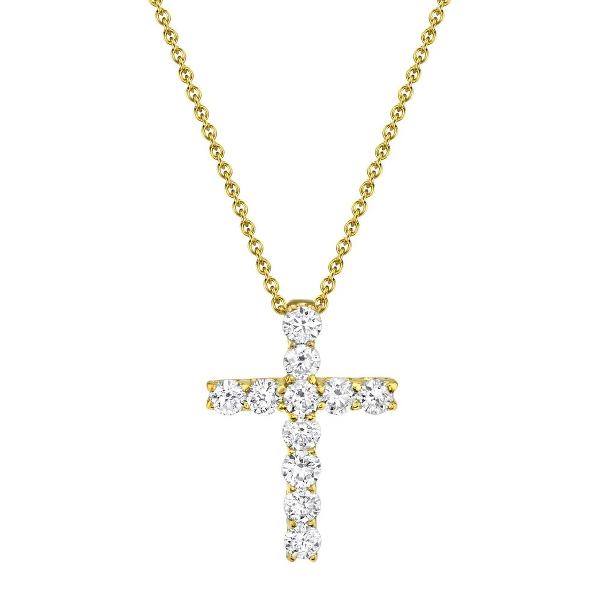 14K Yellow Gold Round Diamond Cross Necklace