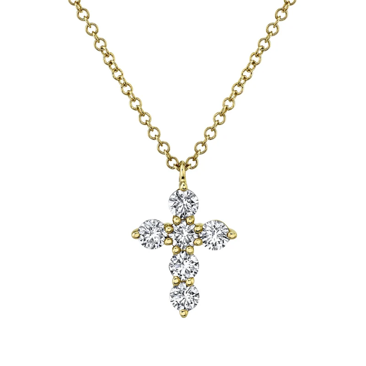 14K Yellow Gold Six Stone Diamond Cross Necklace