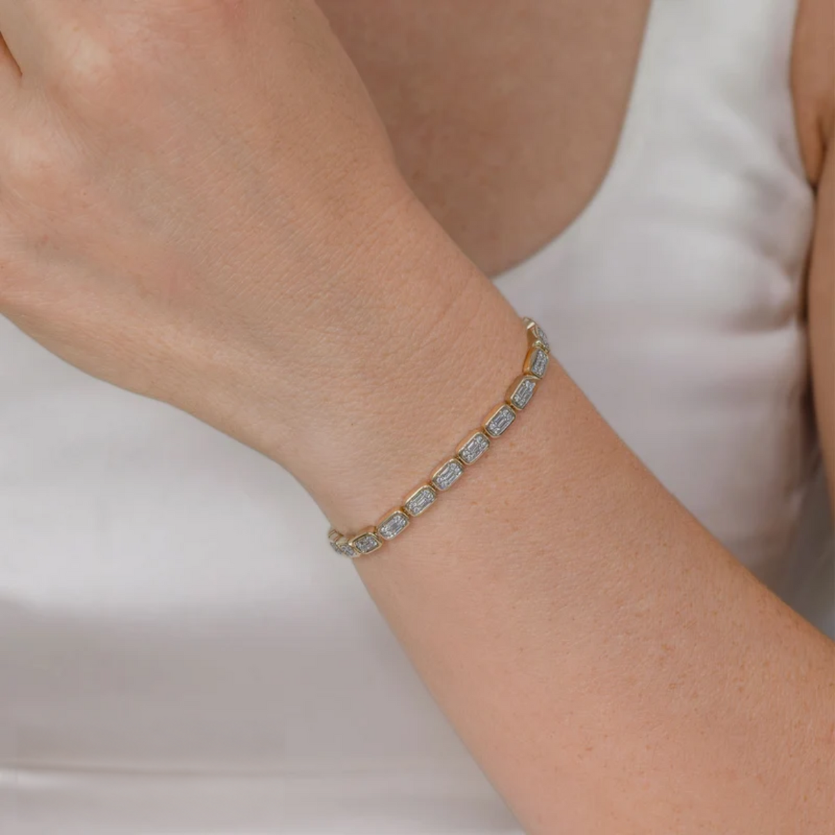 14K Gold Baguette Diamond Cluster Tennis Bracelet Worn on Wrist