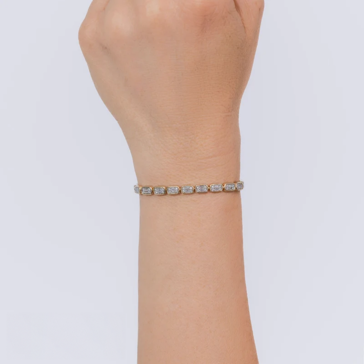 14K Gold Baguette Diamond Cluster Tennis Bracelet Worn on Wrist