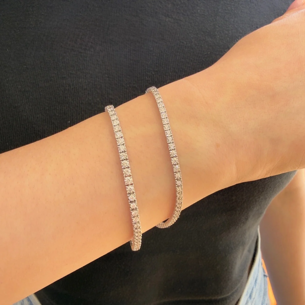 14K Gold Diamond Illusion Tennis Bracelet Worn on Wrist