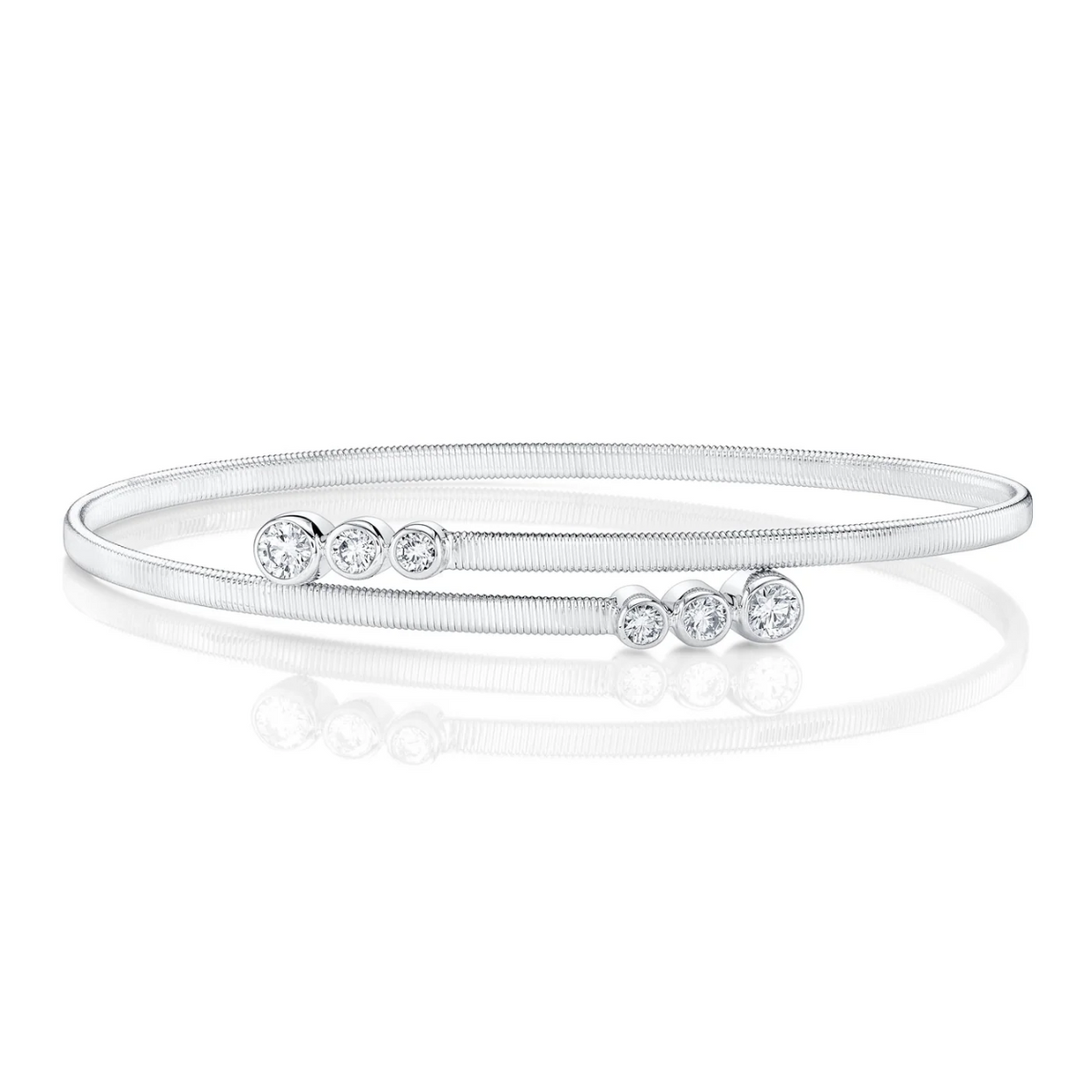 14K White Gold Triple Diamond Bezel Bypass Bangle Bracelet