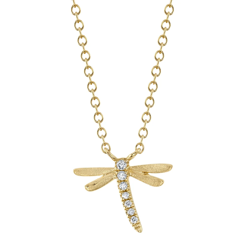 14K Yellow Gold Matte Diamond Dragonfly Necklace