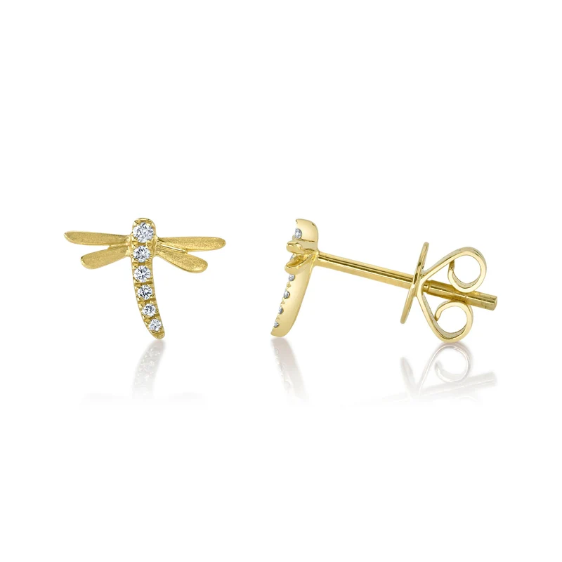14K Yellow Gold Matte Diamond Dragonfly Stud Earrings