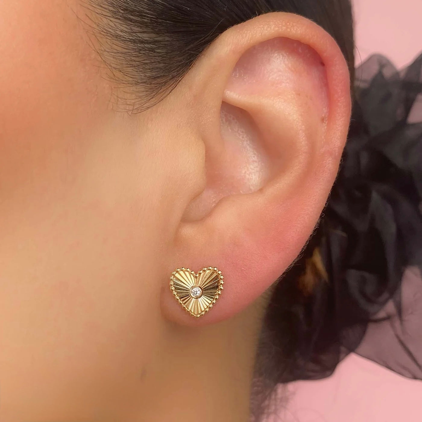 Ribbed Heart Studs in solid 14k gold – handcrafted by Nancy's Jewelry