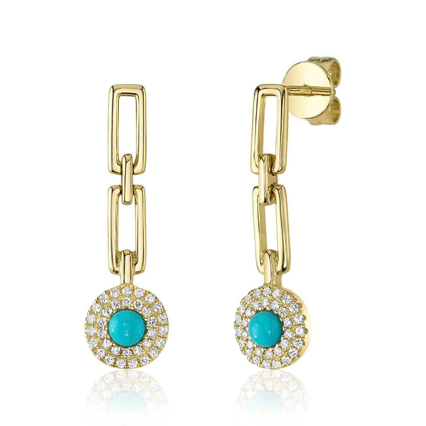 0.15CT Diamond & 0.26CT Turquoise Circle Link Earrings | Earrings in 14K Gold = Nancy's Jewelry