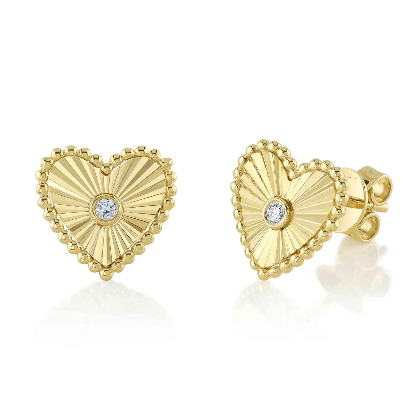 Ribbed Heart Studs in solid 14k gold – handcrafted by Nancy's Jewelry