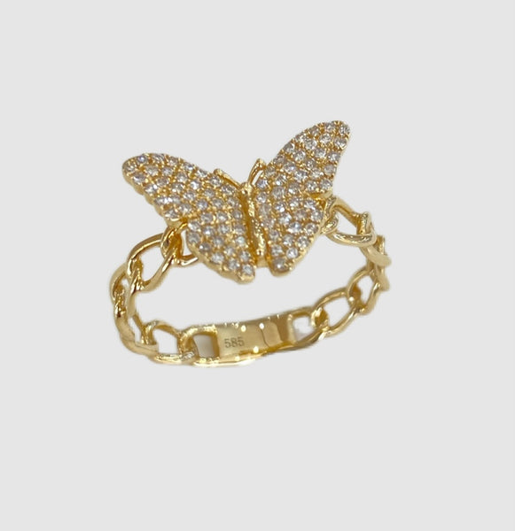 14Kt Yellow Gold Diamond Butterfly Ring With Chain Band