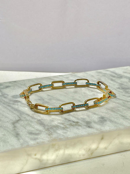 14Kt Yellow Gold Turquoise Paperclip Bracelet
