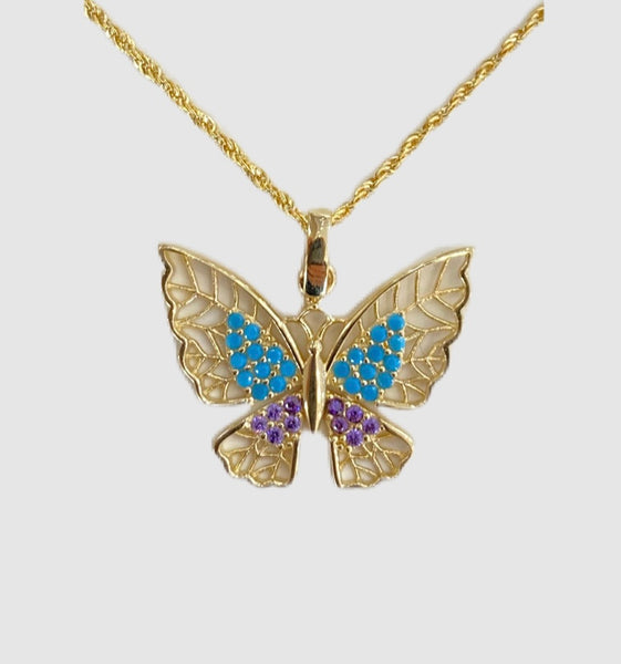 14Kt Yellow Gold Turquoise and Cubic Zirconia Butterfly Necklace
