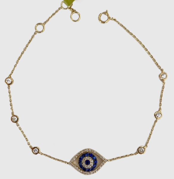 14Kt Yellow Gold Eye Bracelet with Diamonds and Blue Sapphire