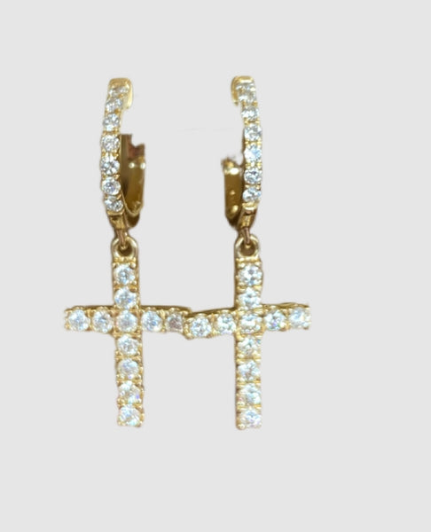 14Kt Yellow Gold Diamond Dangling Cross Hoop Earrings