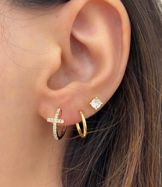 14Kt Yellow Gold Cross Huggie Earrings