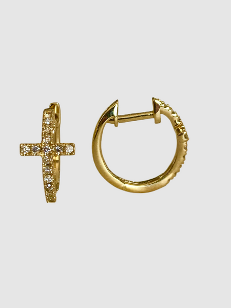 14Kt Yellow Gold Cross Huggie Earrings