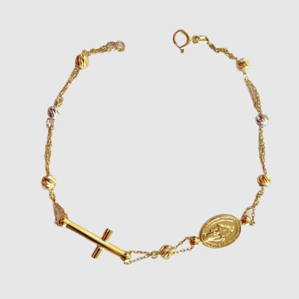 18Kt Yellow Gold Cross and Virgin Mary Bracelet
