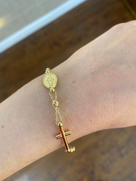 18Kt Yellow Gold Cross and Virgin Mary Bracelet