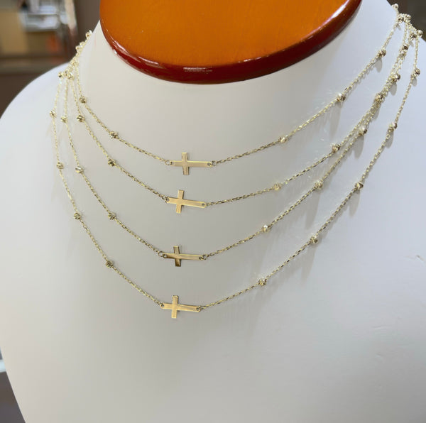 14Kt Yellow Gold Sideways Cross & Beaded Necklace