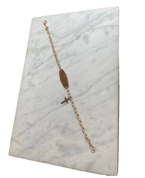 14KT Yellow Gold Toddler ID Bracelet with Dangling Cross