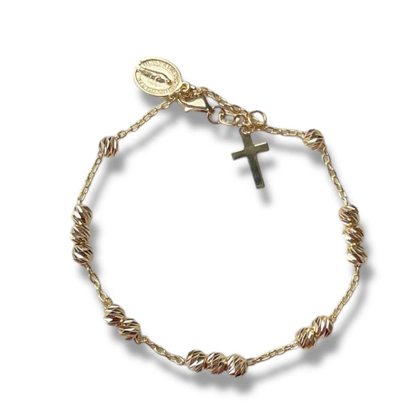 18KT Yellow Gold Virgin Mary + Dangling Cross Bracelet