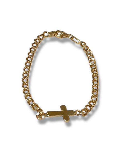 18KT Yellow Gold Kid's Cuban Chain Bracelet + Cross