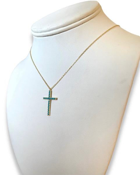 18KT Yellow Gold Turquoise Cross Necklace