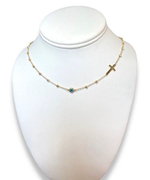 18KT Yellow Gold Cross + Eye Necklace