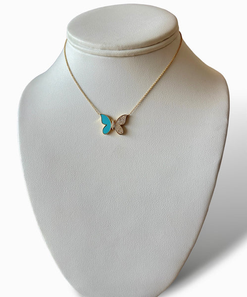 14KT Yellow Gold Butterfly - Turquoise and Diamond