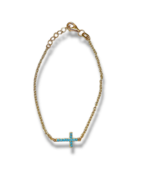 18KT Yellow Gold Baby Bracelet with Turquoise Cross