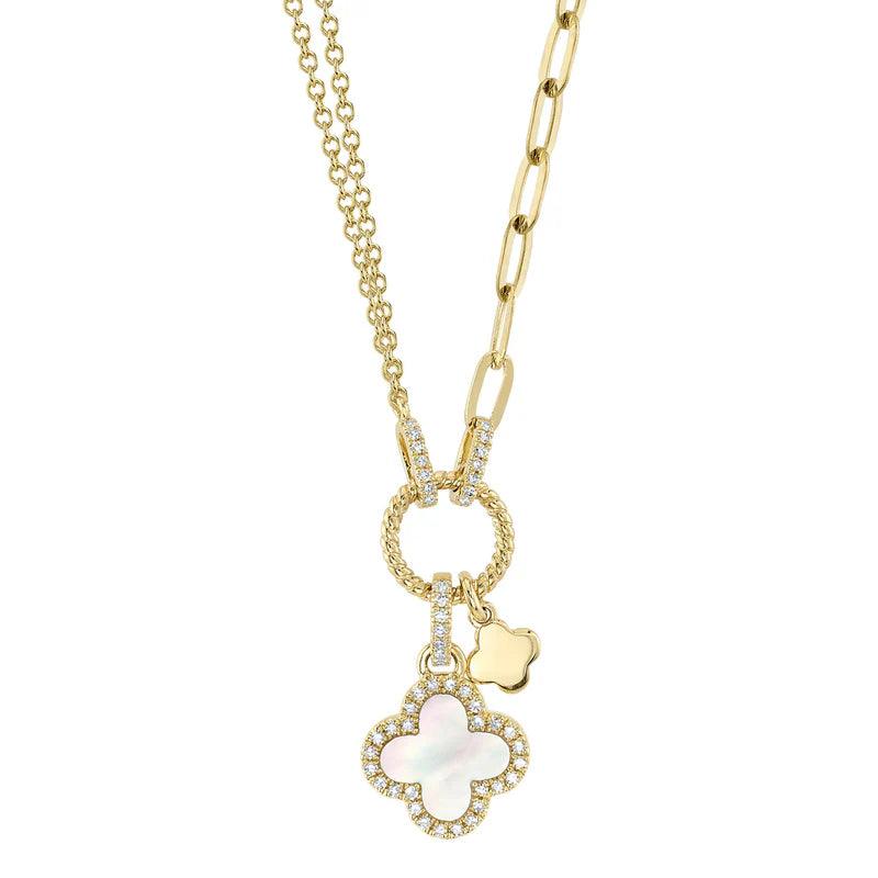 0.12CT Diamond & 0.54CT Mother of Pearl Clover Paper Clip Link Necklace | Necklaces in 14K Gold = Nancy's Jewelry