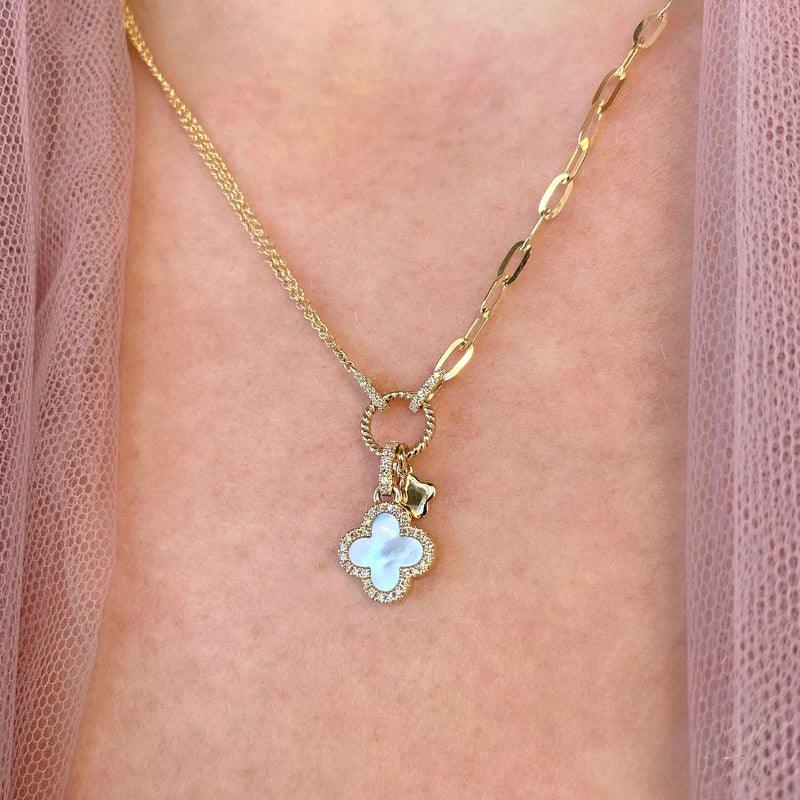 0.12CT Diamond & 0.54CT Mother of Pearl Clover Paper Clip Link Necklace | Necklaces in 14K Gold = Nancy's Jewelry