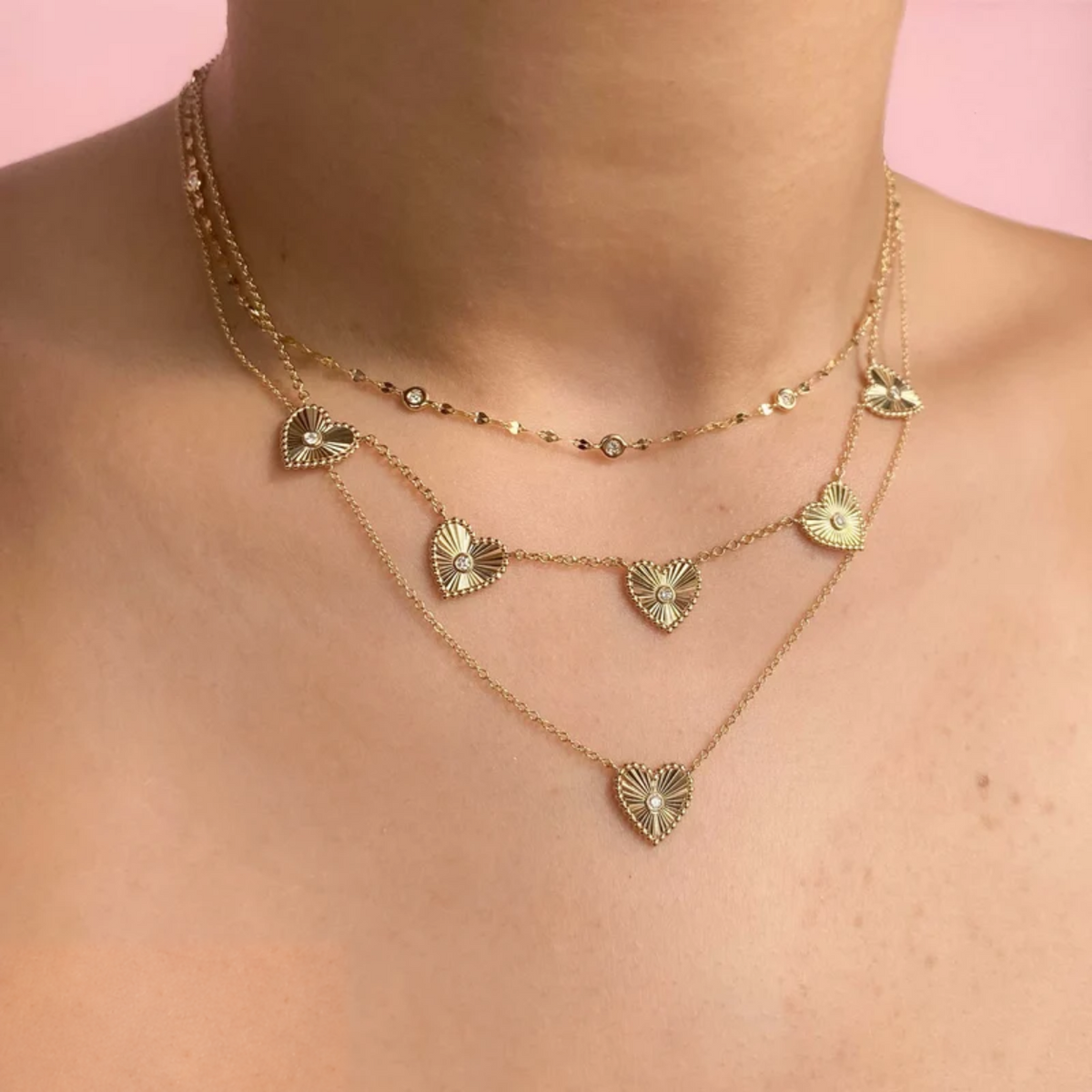 14K Gold Diamond Bezel Sparkle Chain Necklace Worn on Neck