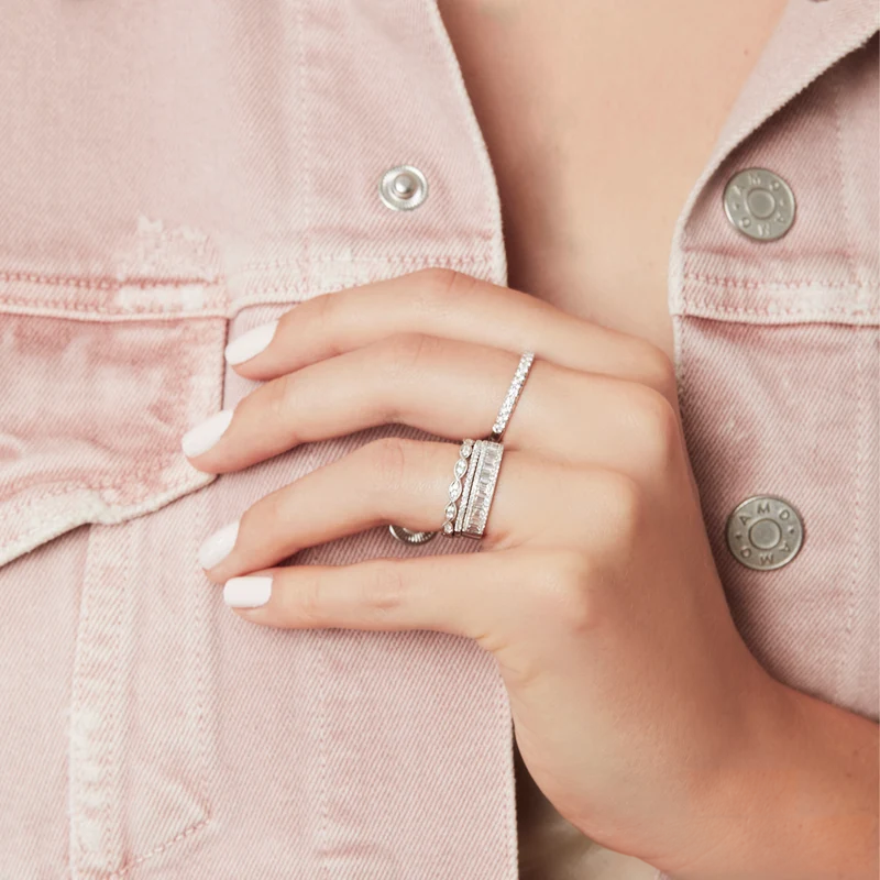 14K Gold Diamond Baguette Band Worn on Finger