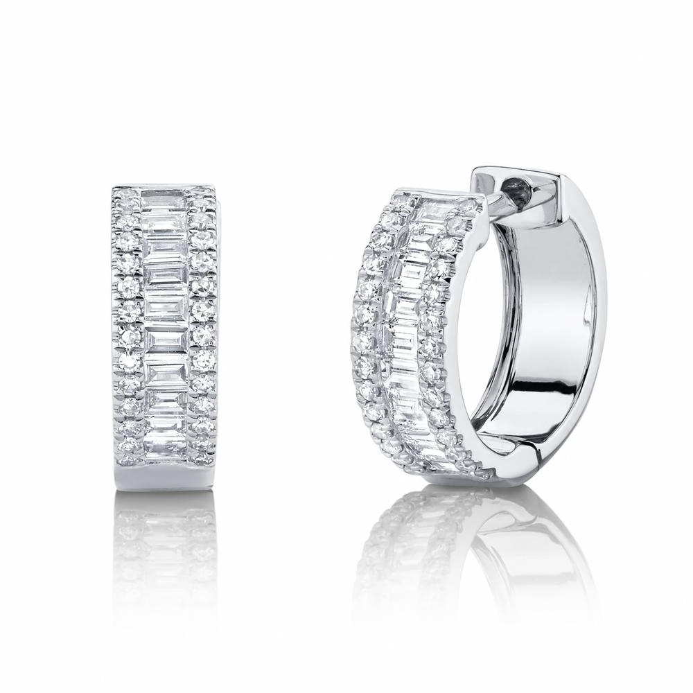 14K White Gold Diamond Baguette Huggie Earrings