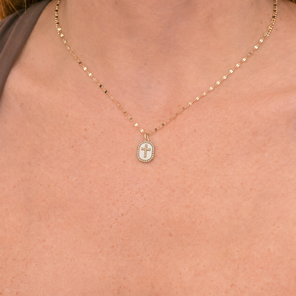 14K Gold Pearl Diamond Cross Plaque Necklace Worn on Neck