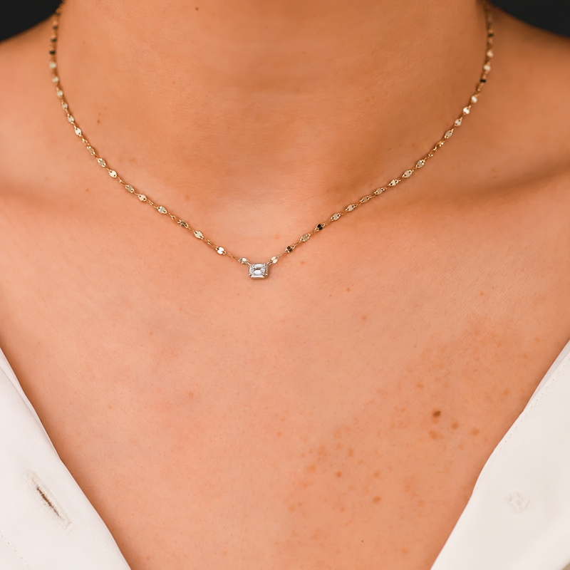 14K Gold Emerald Cut Diamond Sparkle Chain Necklace Worn on Neck