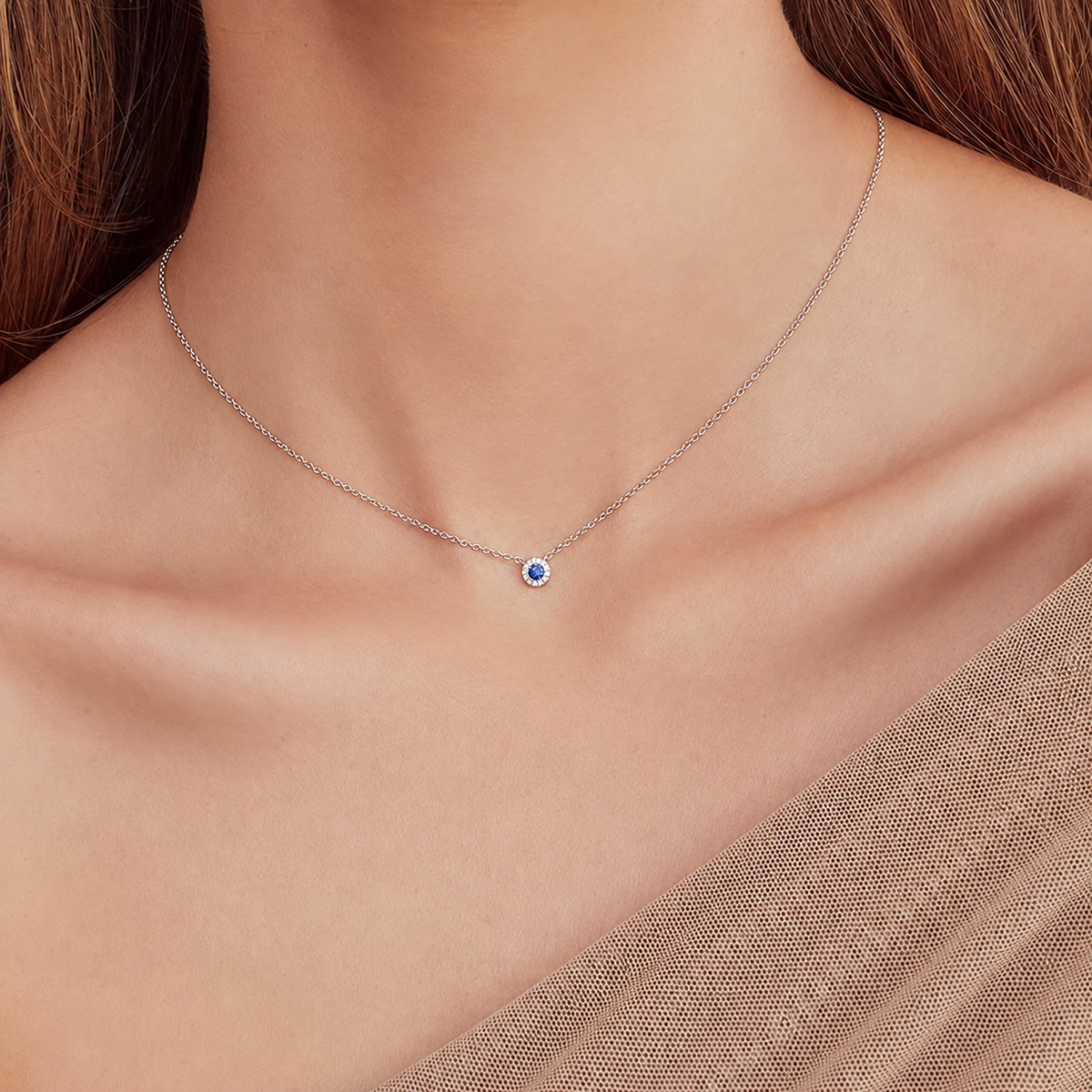 14K Gold Sapphire Halo Necklace Worn on Neck