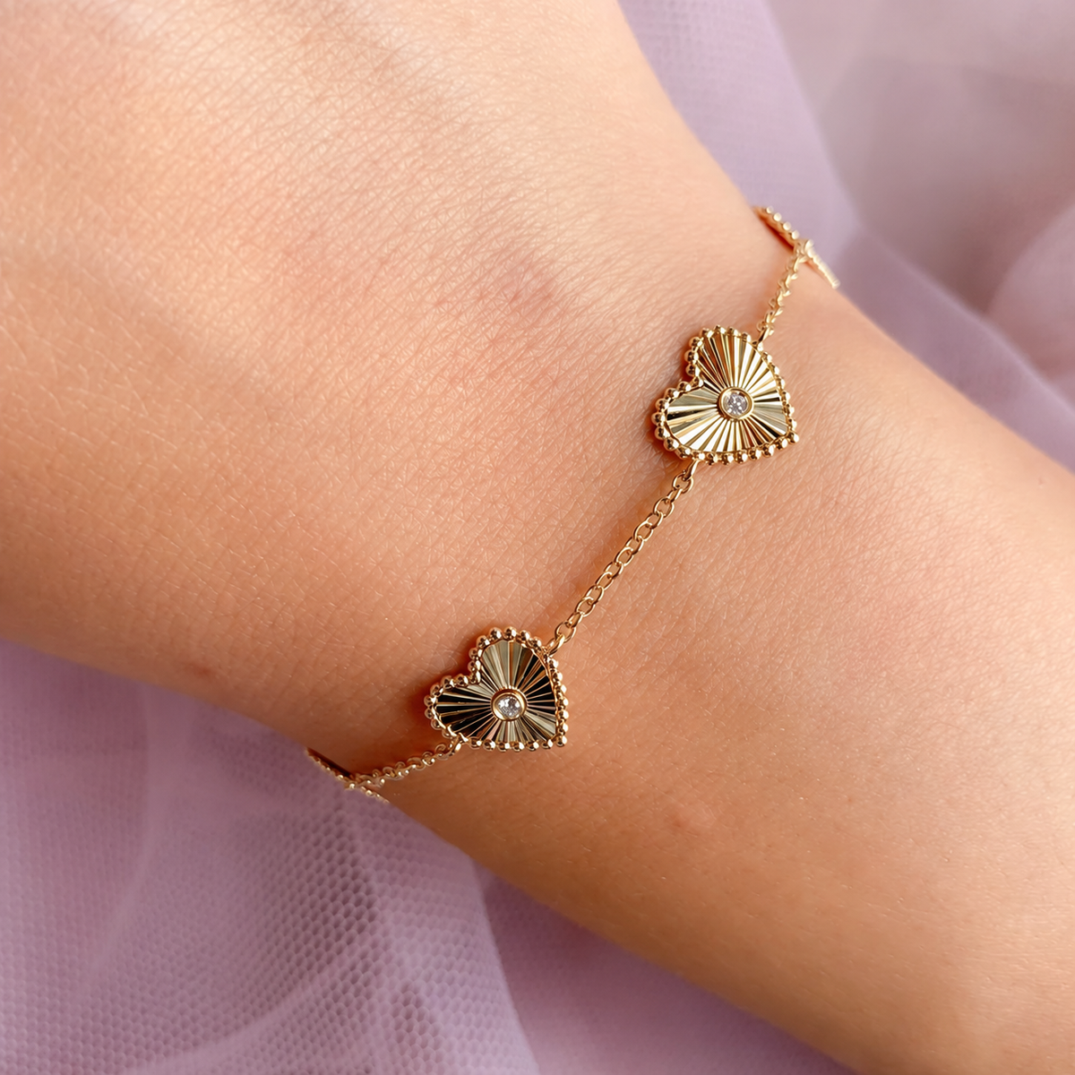 14K Gold Diamond Ribbed Heart Bracelet Worn on Wrist