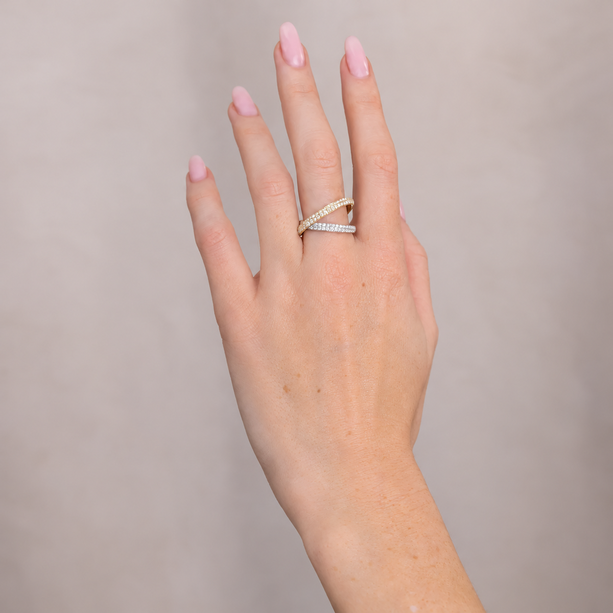 14K Gold Diamond Crossover Ring Worn on Finger