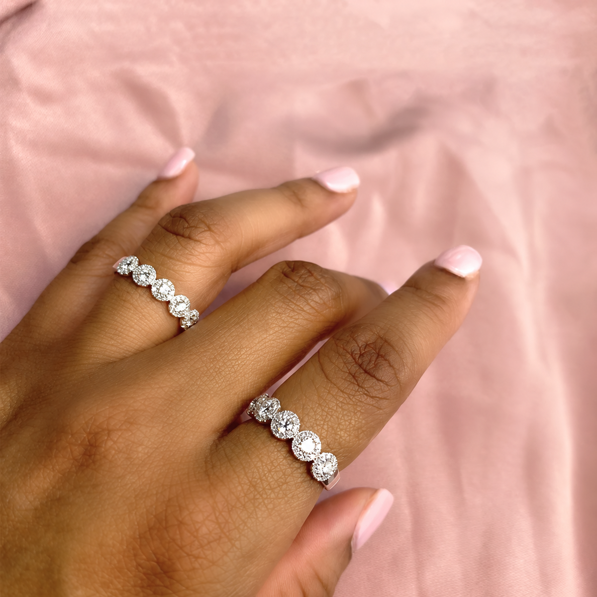 14K Gold Diamond Halo Band Worn on Finger