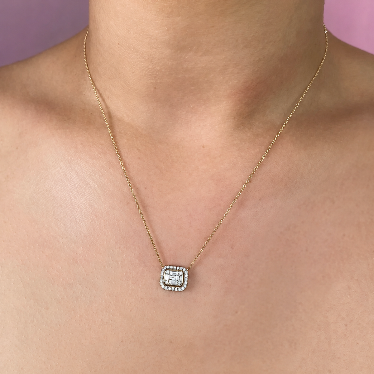 14K Gold Baguette Diamond Halo Necklace Worn on Neck