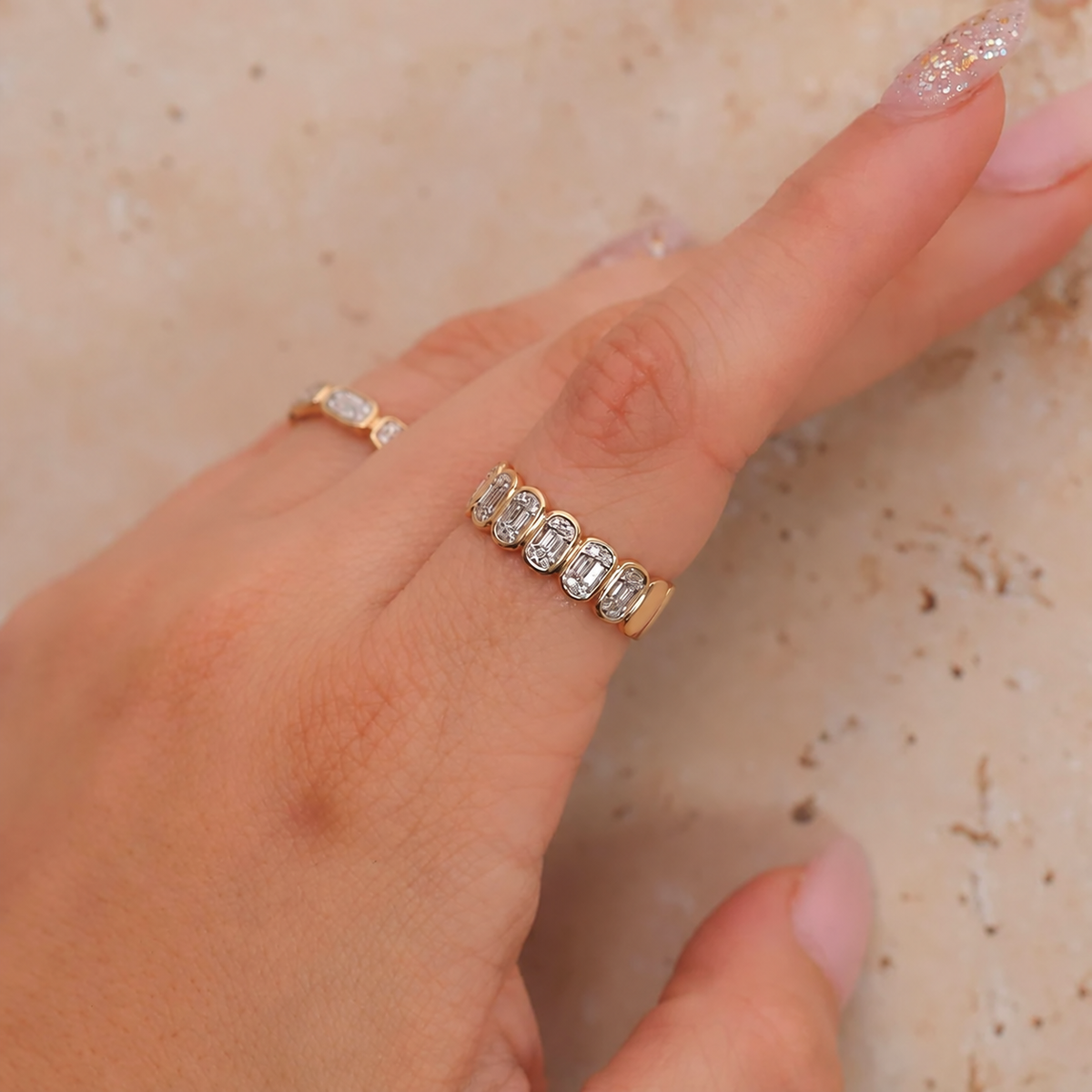 14K Gold Vertical Baguette Diamond Cluster Band Worn on Finger