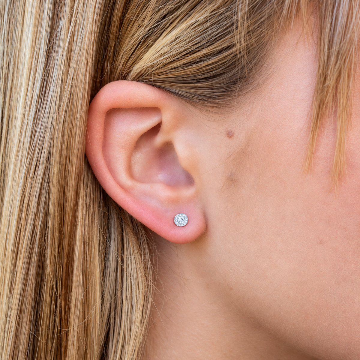 14K Gold Diamond Disc Stud Earrings Worn on Ear
