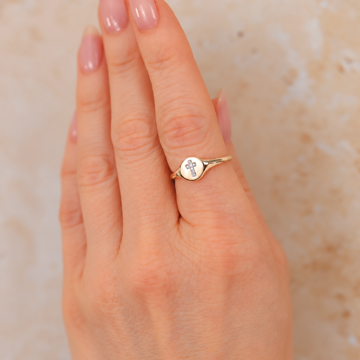 14K Gold Diamond Cross Signet Ring Worn on Finger