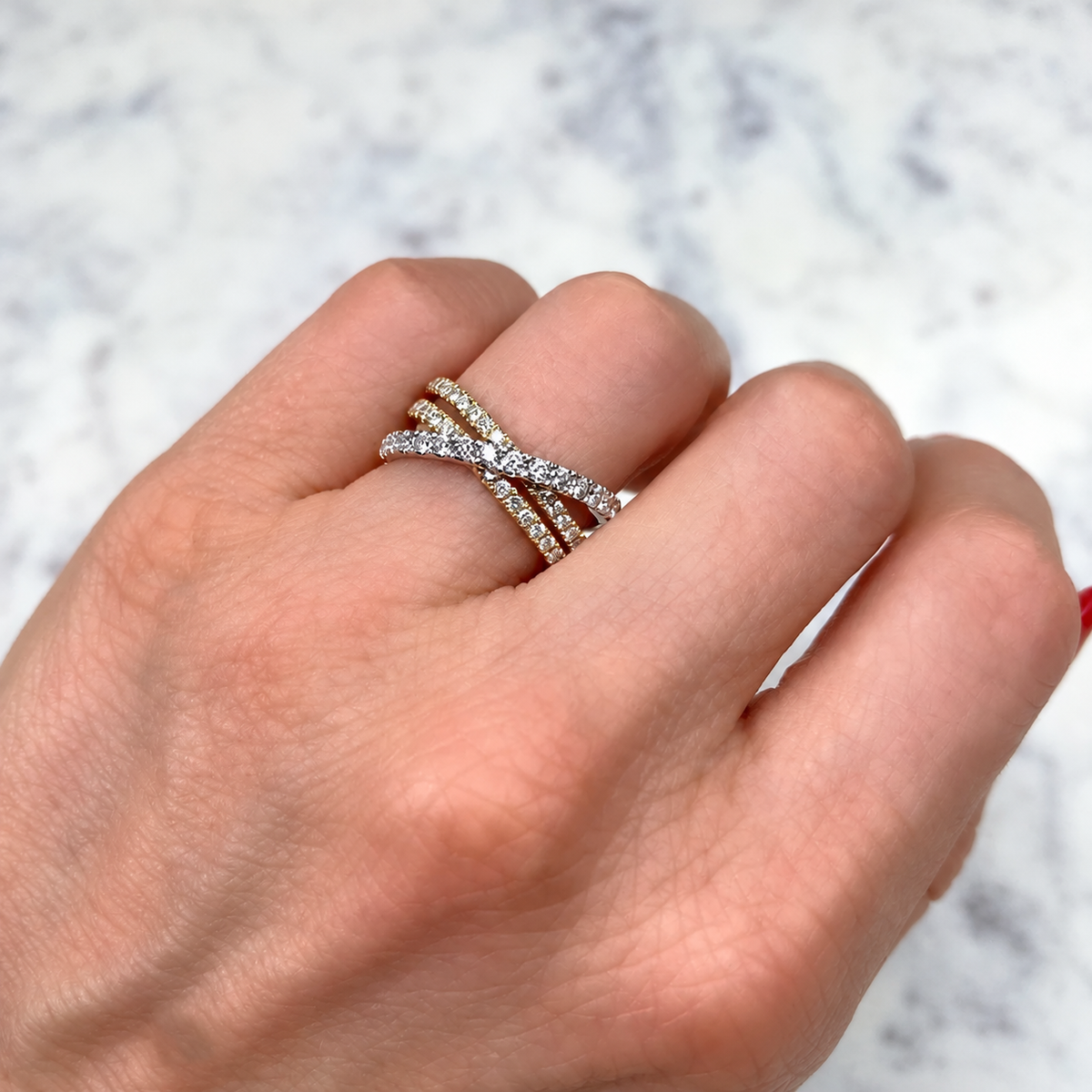 14K Gold Diamond Bridge Ring Worn on Finger