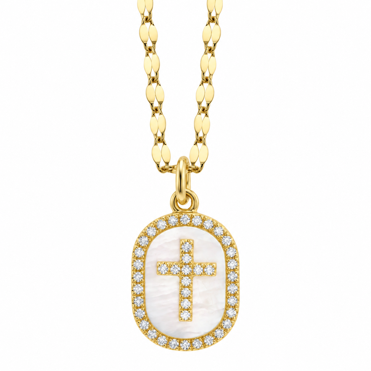 14K Yellow Gold Pearl Diamond Cross Plaque Necklace